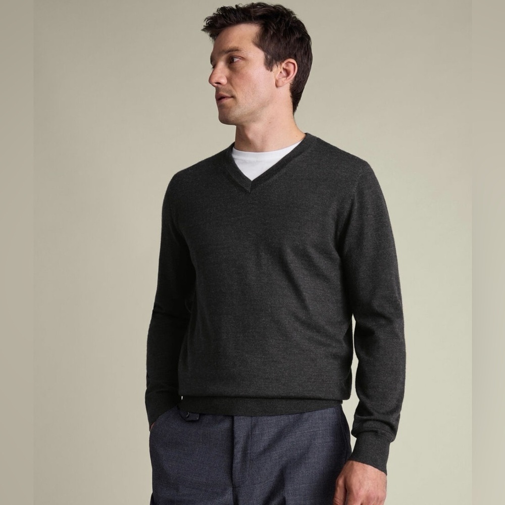 Brooks Brothers Stretch Merino Wool V Neck Sweater Gray Size Large